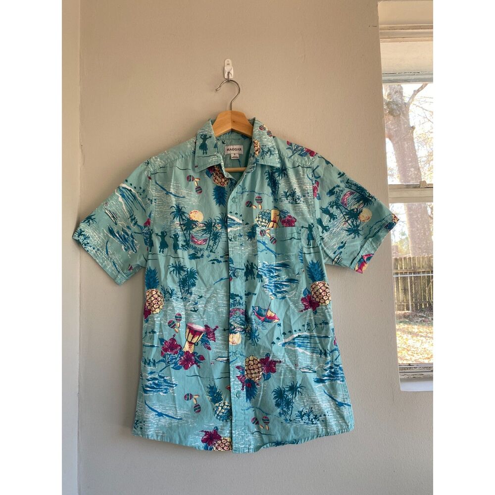 Hagger Shirt Men Hawaiian Floral Cotton Short Sleeve Hula Girl Aloha Tropical